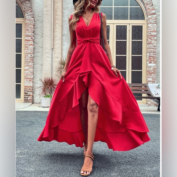 LAST ONE 🔥 A- Line High Low Ruffle Hem Dress Red* - Picture 4 of 8